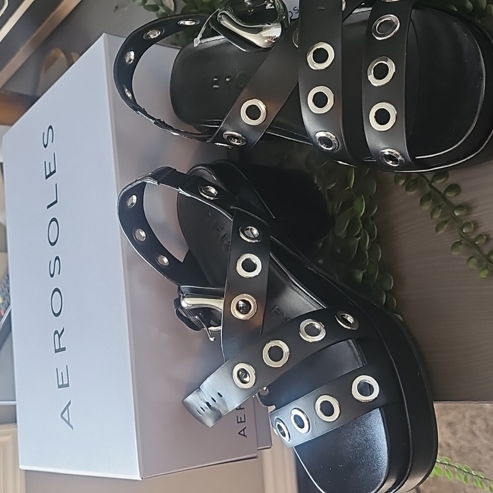 AEROSOLES Black Sandals with Silver Eyelets